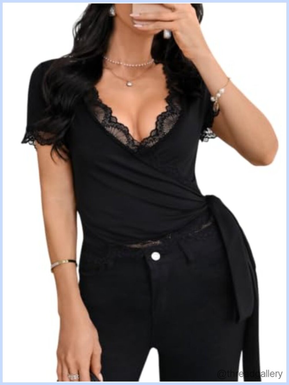 Women's Lace Trim Wrap Top Short Sleeve Tie Front V-Neck Fitted Blouse
